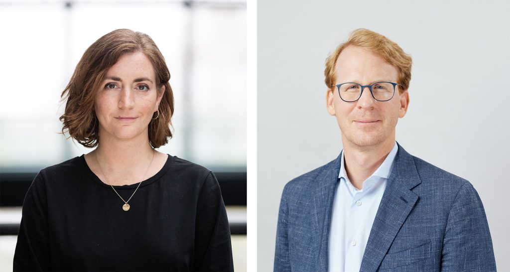 Zwei Porträtbilder der neuen gemeinsamen Leitung des Handelsblatt-Politikressorts: Leila Al-Serori (36) und Moritz Koch (45)